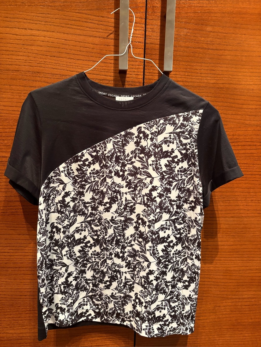 Escada Black and White Floral Panel Short-Sleeve Tee